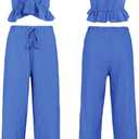 FANCYINN Womens 2 Pieces Outfits Deep V Neck Crop Top Side Slit Drawstring Wide Leg Pants Set Jumpsuits (Blue, XS)