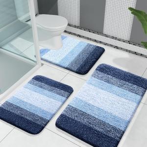 OLANLY Bathroom Rugs Sets 3 Piece, Soft Absorbent Microfiber Bath Mats and U-Shaped Contour Toilet Rug, Plush Shaggy Bath Mat Set for Bathroom (30"x20"+24"x16"+24"x20", Navy) (30" x 20" + 24" x 16" + U Shape 24" x 20")