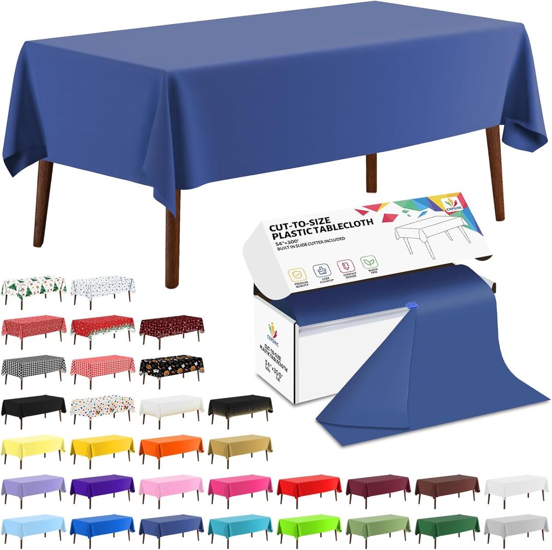 CXPSINC 54 Inch X 300 Feet Plastic Table Cover Roll Disposable Tablecloth with Slide Cutter for All Type/Shape Tables | Party, Banquet, Birthdays, Weddings(Navy Blue, 300 Feet)