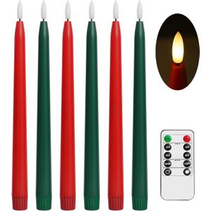 Green and Red Flameless Taper Candles with Remote Control - 11 Inch LED Candlesticks Battery Operated, Realistic 3D Flame with Wick, Timer, 6 Pack Holiday Candles Christmas Decor