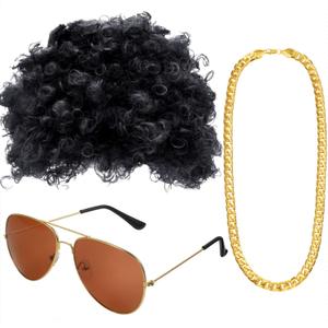 Gejoy Hippie Disco Costume Men Set Disco Wig Afro Headgear Gold Celebrity Sunglasses Funky Faux Chain for 50/60/70s Party Accessories(Black Hair)