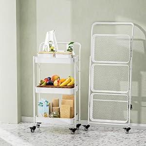 JAQ Foldable Rolling Cart, 3-Tier Metal Folding Storage Utility Carts Basket Rack Organizer with Handle on Wheels for Snacks Books Fruits for Kitchen Living Room Pantry Bathroom - (White, 3-Layer)