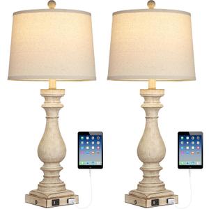 29" Farmhouse Table Lamp for Living Room Set of 2,Vintage Bedside Lamps with USB C+A Ports & AC Outlet,3-Way Dimmable Touch Nightstand Lamp for Bedroom, Beige