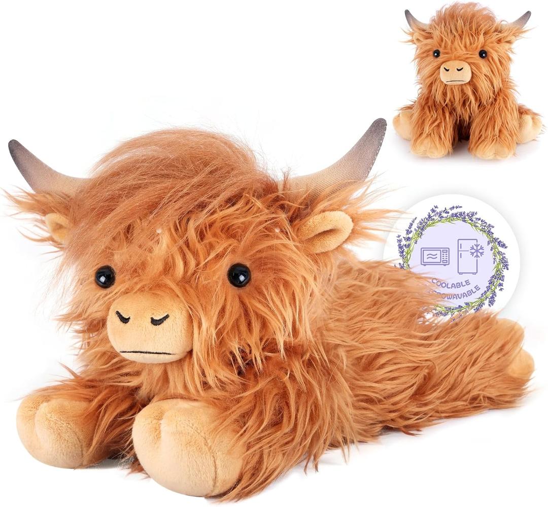 SuzziPals Heatable Coolable Weighted Highland Cow Stuffed Animal, Microwavable Stuffed Animals Peirod Heating Pad for Cramps, Cuddly Soft Plushies for Warmth & Companion, Highland Cow Gifts for Women