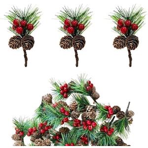 Heyigrow 20 Pcs Christmas Pine Picks, Artificial Needles Branches Red Berries Pine Cones Decoration for Wreath Tree Gift