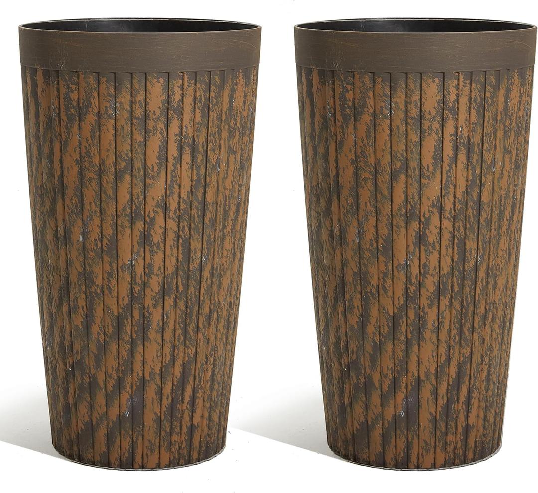 Worth Garden 22.5" H. Plastic Planters - Set of 2 Vintage Brown Tall Conical Plant Pots for Indoor Outdoor Use - Decorative Lightweight Flower Pots for Front Porch, Patio, Deck - 12.5" Dia x 22.5" H