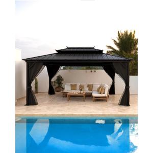 GarveeLife Hardtop Gazebo 12 ft x16 ft for All Weather, with Double Metal Roof, Net, and Curtain, Permanent Building for Patio, Deck, Backyard, Lawn, and Garden (Gray)