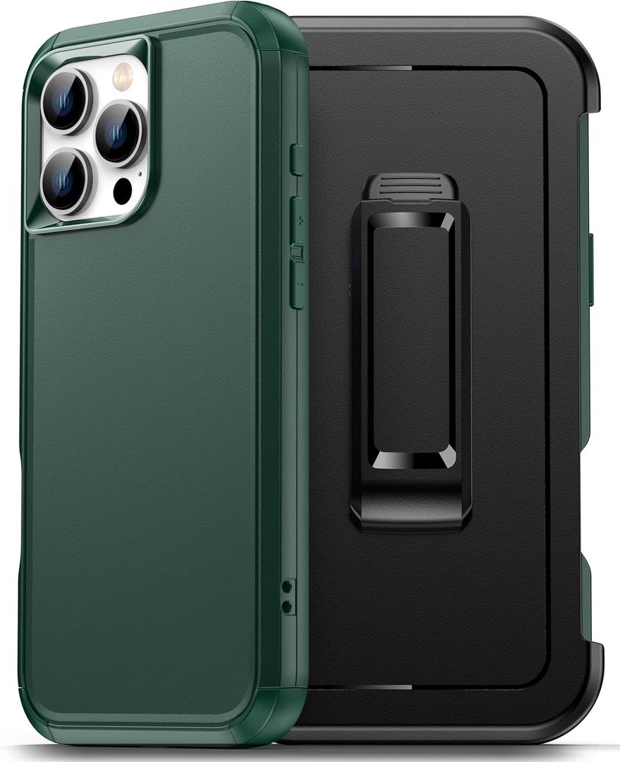 for iPhone 16 Pro Max Case with Holster Belt Clip and Tempered Glass Screen Protectors, Heavy Duty Protective Shockproof Rugged Hard Phone Cover for iPhone 16 ProMax 6.9inch, Green