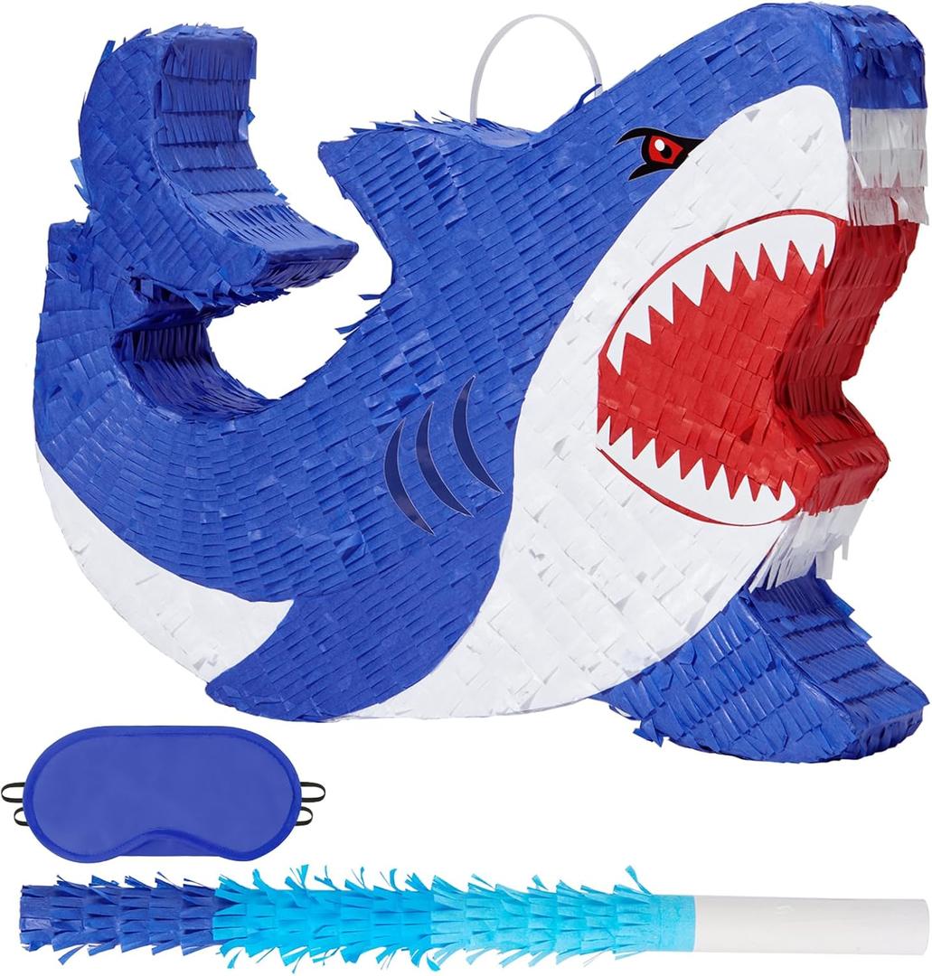 WERNNSAI Shark Piata - Ocean Shark Birthday Party Decorations Kids Boys Pinata with Blindfold and Bat for Under the Sea Party Supplies Baby Shower Birthday Game Set