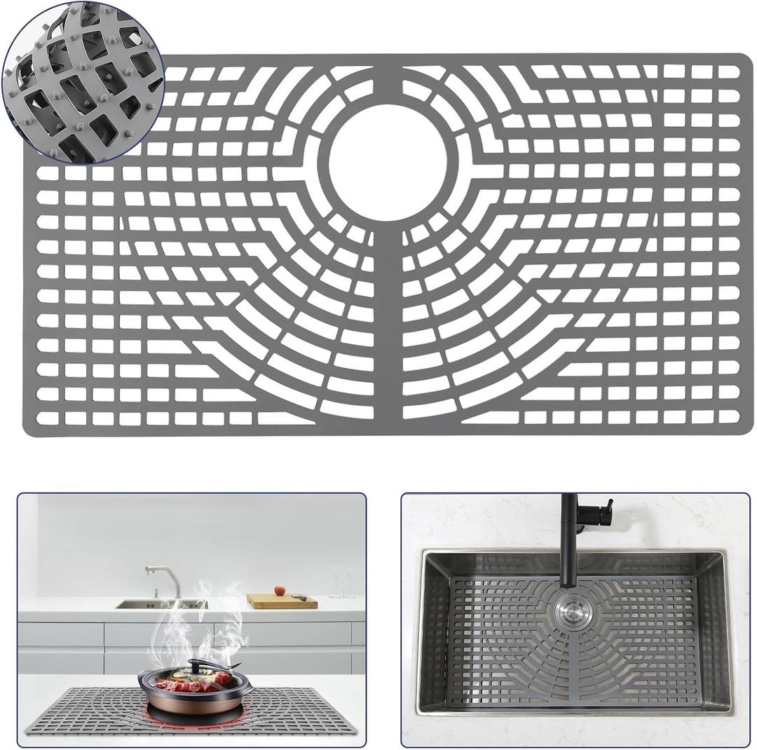 Silicone Sink Protector 26x14" Rear Drain Hole, Heat Resistant Non-slip Dishwasher Suitable, Large Mat for Bottom of Farmhouse Kitchen Stainless Steel Sink(Grey