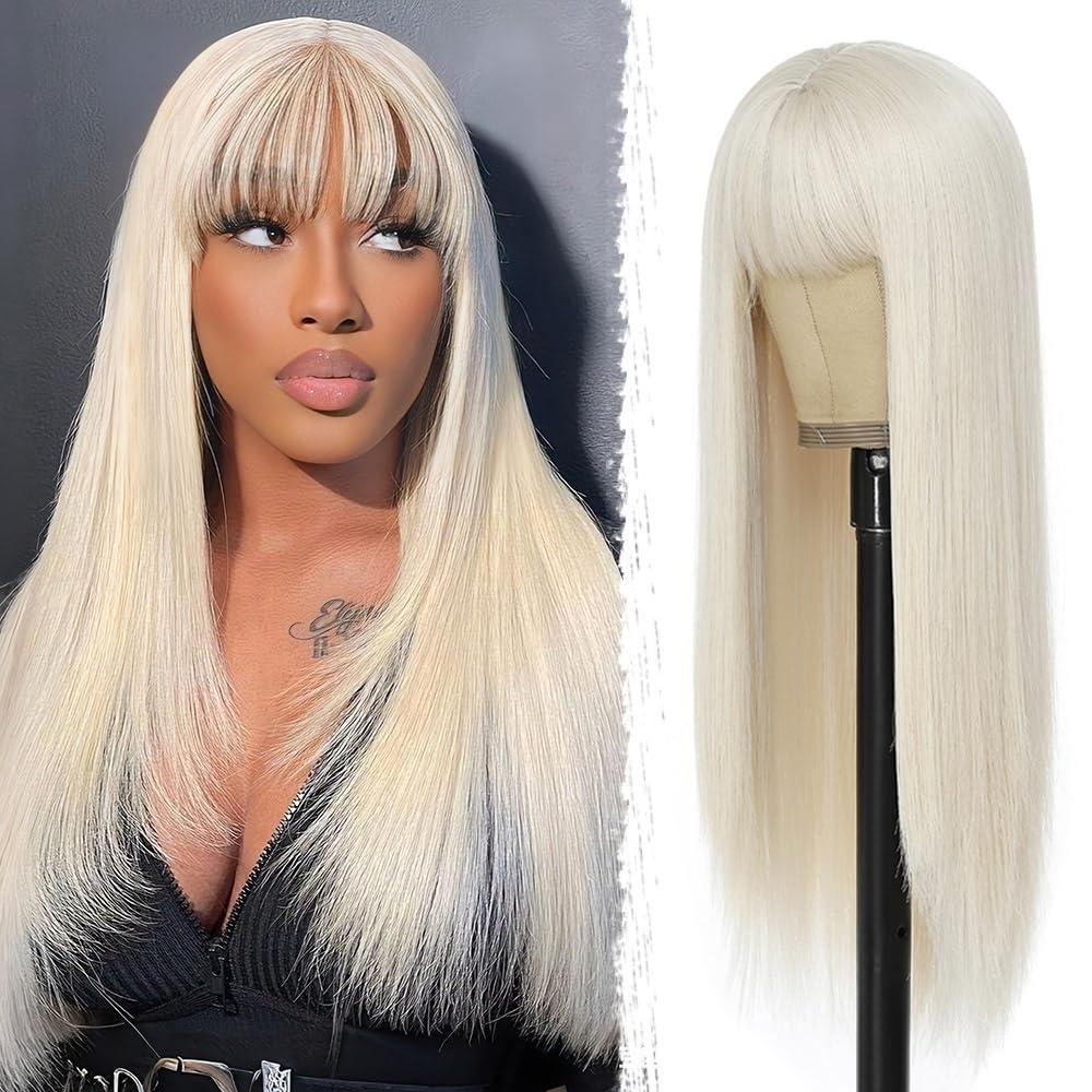 Platinum Blonde Wig for Women, Long Straight Blonde Wigs with Bangs Natural Looking Synthetic Fiber Wig for Daily Party Cosplay - 24 Inch