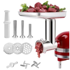 FavorKit Stainless Steel Food Grinder Attachment for KitchenAid Mixers, Dishwasher Safe Meat Processor Aceesory Included 3 Sausage Stuffer Tubes