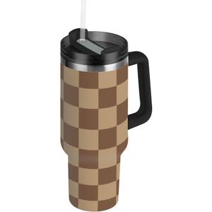 Checkered Brown 30 oz Tumbler with Handle Lid Straw Insulated Tumblers Stainless Steel Tumbler Leak Proof for Water Coffee Ice Tea Keep Cold or Hot Black