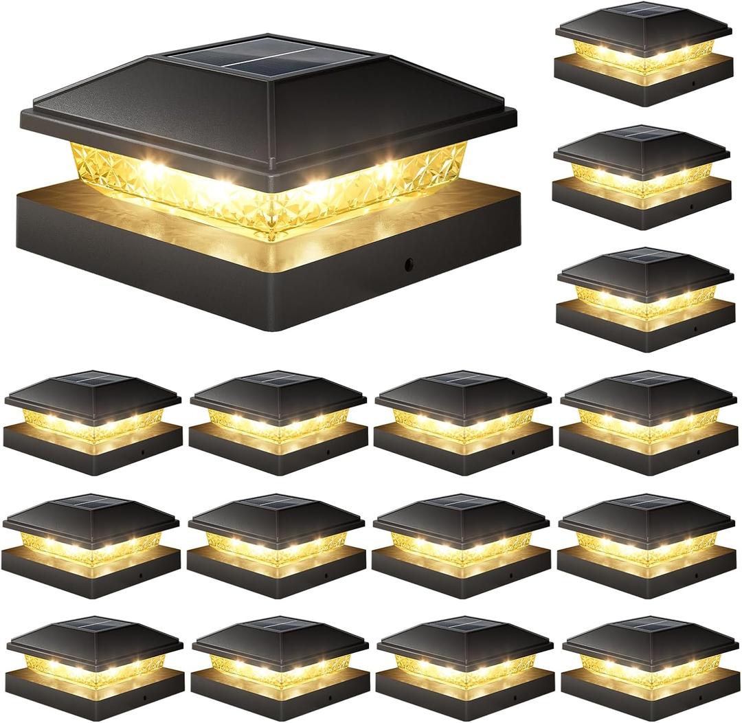VOLISUN 4x4 Solar Fence - Post Cap Lights 16pack Outdoor Waterproof, Black Deck Post Cap Light with Warm White,for 4x4 Wooden/4x4 Vinyl
