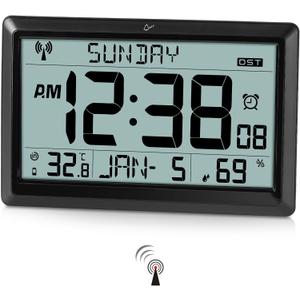Amgico Digital Wall Clock,10.5" Large Display Atomic Clock, Battery Operated,Digital Calendar Auto Setting with Indoor Temperature, Humidity,Date,Day,Auto DST Desk Clock for Elderly Bedroom Classroom (Small)