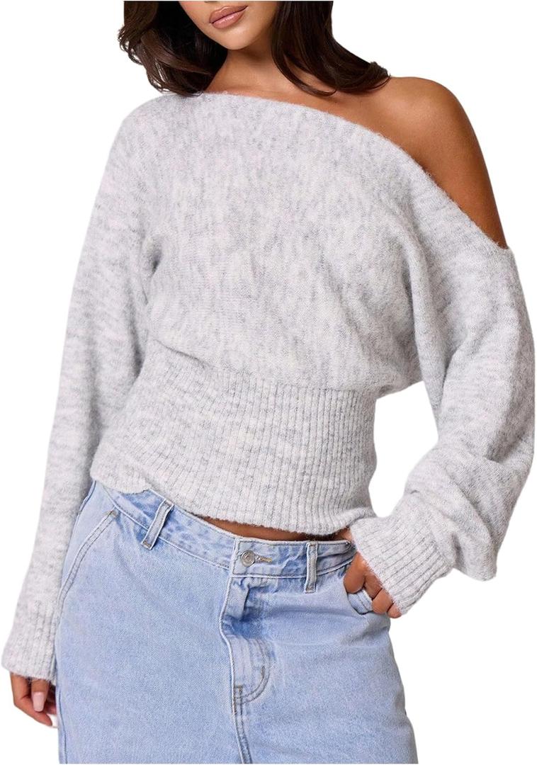 Milumia Women's Off The Shoulder Sweater Long Sleeve Cinched Waist Fall Knit Tops Knitwear, XS