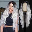 Colorful Queen Ombre Grey Wig 26 Inch Long Wavy Gray White Wigs for Women Curly Wig Heat Resistant Synthetic Lace Wig Natural Looking for Halloween Cosplay Daily Use