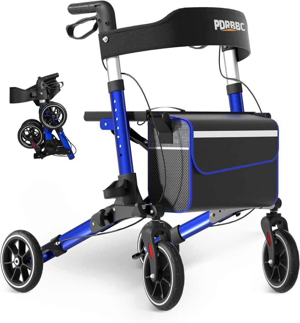 Foldable Walkers for Seniors with Seat, All Terrain Rollator Walker, 8'' PVC Wheels & Brakes, Lightweight Aluminum Alloy Frame, Height Adjustable Folding Mobility Aid for Elderly Adults,Blue