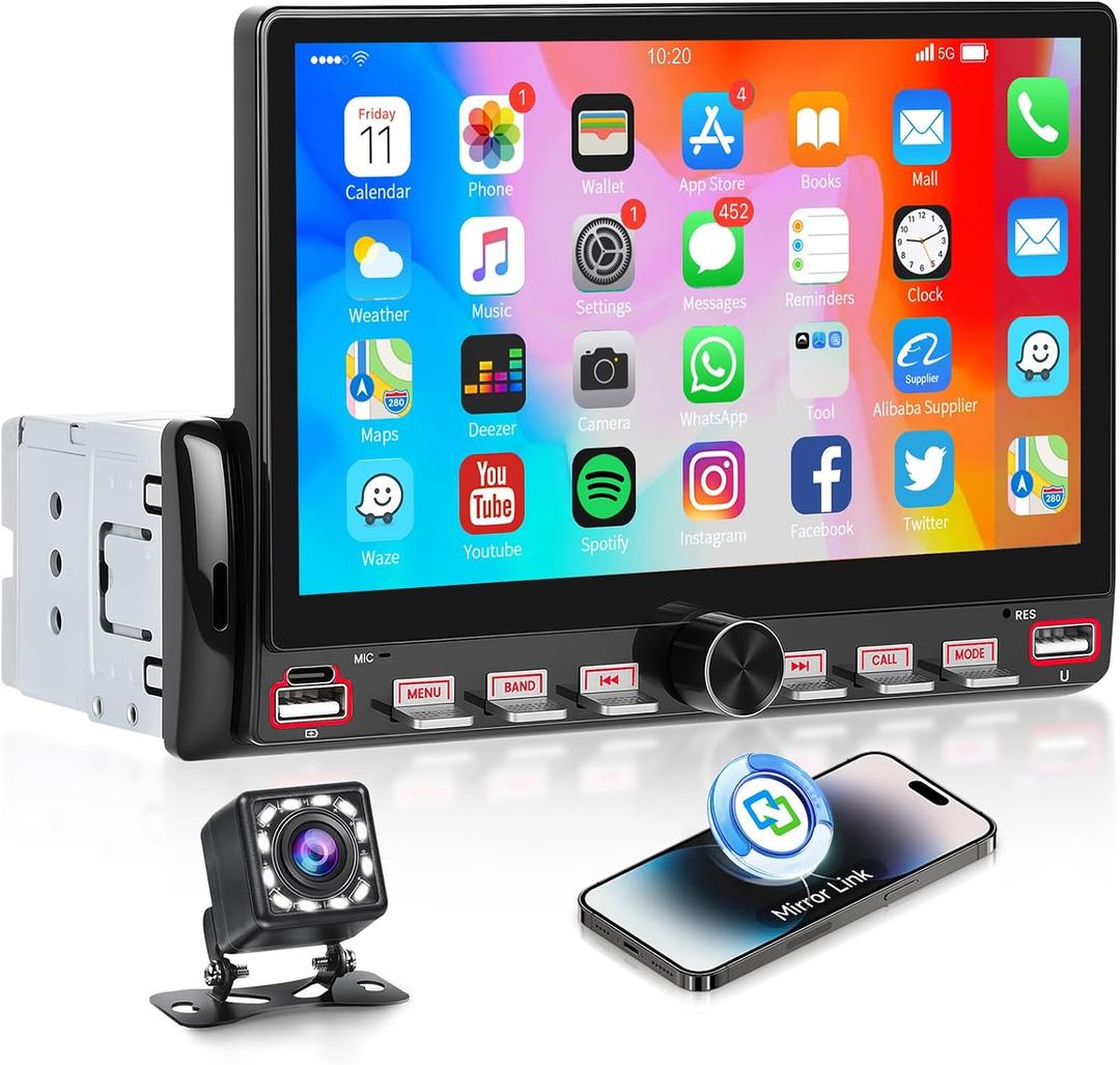 Single Din Car Radio with Bluetooth iOS/Android Mirror Link Share Same Video, 7" IPS Touch Screen Car Radio 1 Din with Piano Keys Support Backup Camera Mirror Link Bluetooth FM USB EQ SWC