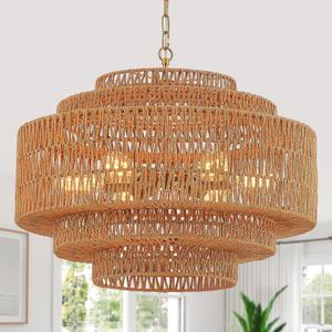 Large Chandelier Hand-Woven Rattan 25.6in Boho Chandelier Vintage Light Fixtures 6-Light Gold Coastal Bamboo Wicker Chandeliers for Living Room Dining Room Bedroom Kitchen Island Entryway