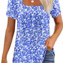 WNEEDU Womens T Shirts Casual Petal Short Sleeve Blouses Square Neck Summer Tops 2026 Pleated Tunic Loose Fit (Medium, Floral Blue White)