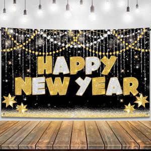 KatchOn, Large Happy New Year Banner - 72x44 Inch | New Years Eve Party Supplies | Happy New Year Backdrop for New Years Decorations 2026 | NYE Decorations 2026, NYE Party Supplies 2026 (Gold & Black)