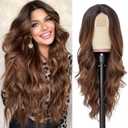 NAYOO Long Ombre Brown Wavy Wig for Women 26 Inch Middle Part Curly Wavy Wig Natural Looking Synthetic Heat Resistant Fiber for Daily Party Use (Ombre Brown)