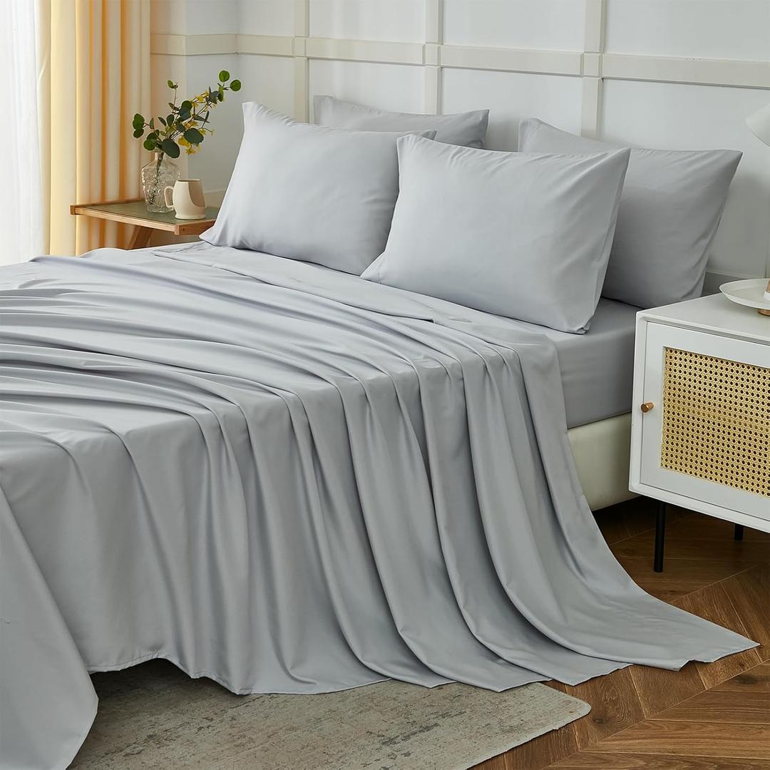 ILAVANDE King Size Sheets Set 6 Piece,Hotel Luxury Super Soft 1800 Series Microfiber Grey Bed Sheets King Set-Wrinkle Free & Breathable-14 Deep Pocket Sheets for King Size Bed(King,Light Grey)