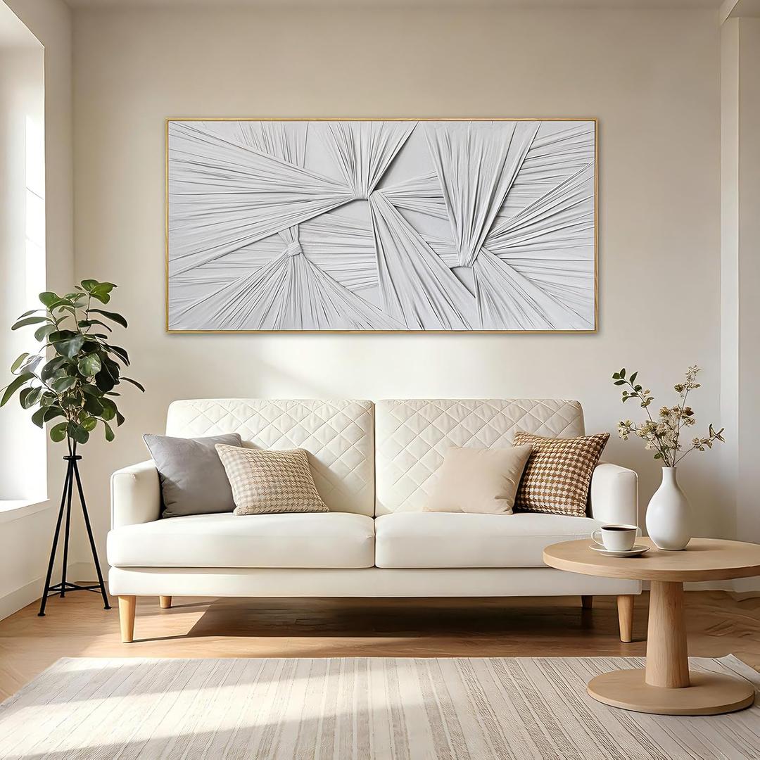 Neutral White Framed Canvas Wall Art, Textured Sculptural Abstract Artwork, Minimalist Modern Wall Decor for Entryway Bedroom, Over Console, 20x40 Inch