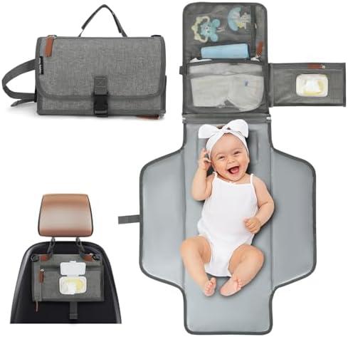 Happy Nest Portable Changing Pad for Baby - Memory Foam Diaper Changing Mat with Wipes Pocket, Waterproof PEVA & Easy Clean - Compact Fold, Stroller & Shoulder Strap - Travel Diaper Clutch for Newborn