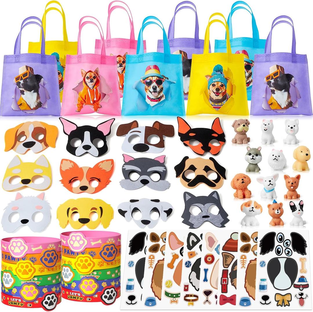 Winrayk 12 Sets Puppy Dog Party Favors Birthday Supplies for Kids, Non-Woven Gift Bag Felt Mask Paw Print Bracelet DIY Sticker Puppy Figure, Goodie Bag Stuffer Girls Boys Dog Themed Party Favors Decor