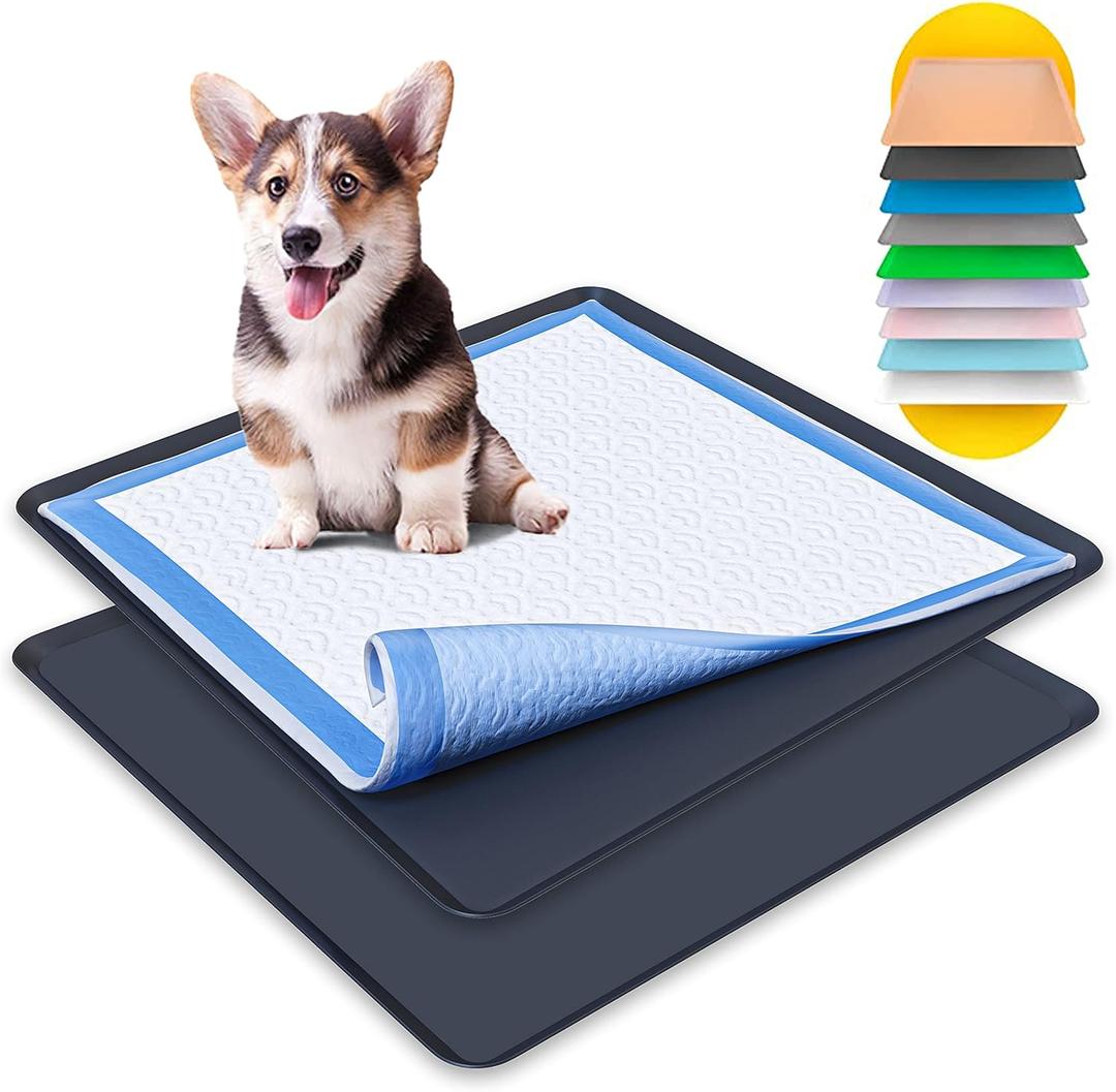 Skywin TidyFriend Pee Pad Holder Tray 24 x 24 Inches, 2 Pack Silicone Dog Potty Tray, Easy to Clean No Spill Dog Potty Training Pad Holder (Black)