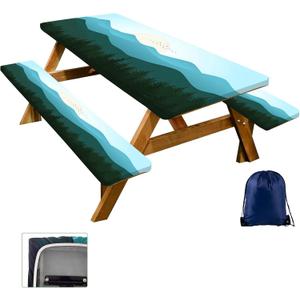CAPSCEOLL Fitted Picnic Table Cover with Bench Covers with Elastic Waterproof Outdoor Camping Tablecloth 6 Foot Windproof Table Cloth with Drawstring Bag, 72X30in, Green Mountain