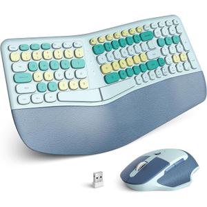 KNOWSQT Ergonomic Wireless Keyboard and Mouse Combo Coral - 2.4G Split Colorful Keyboard with Wrist Rest, 3 Level DPI Adjustable Optical Mouse for Windows, Computer, PC, Laptop (Green)