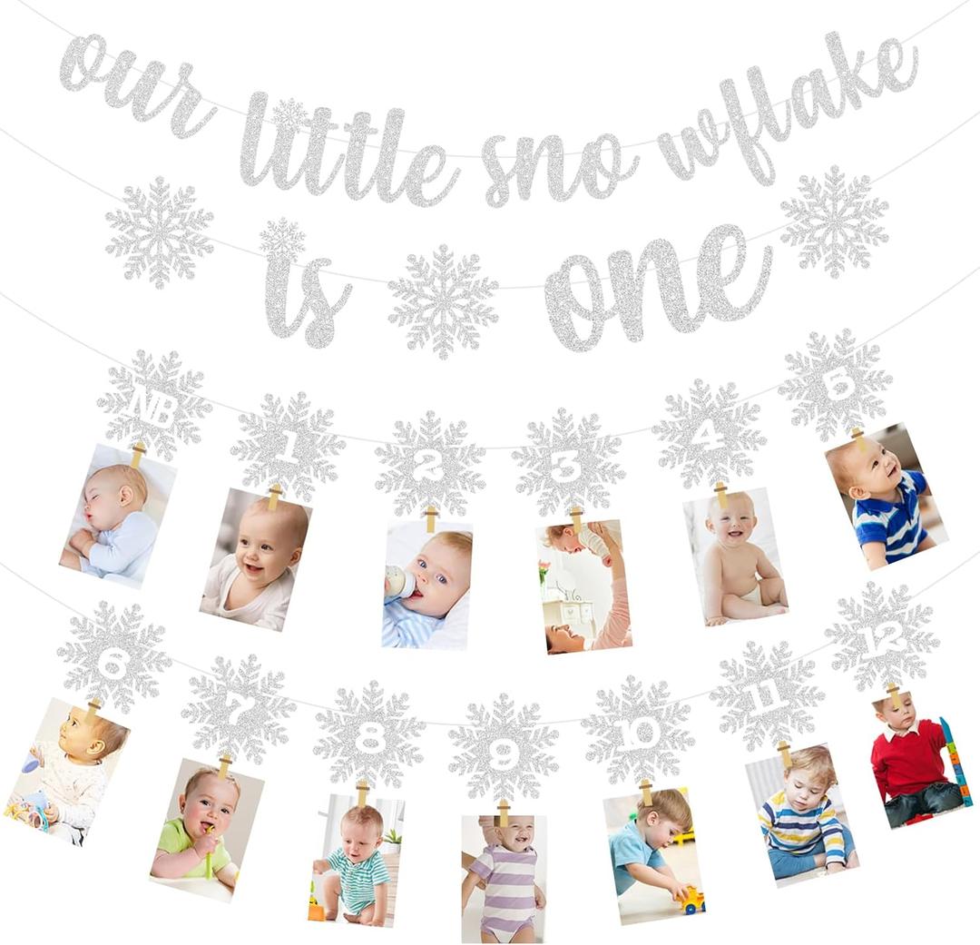 Christmas Winter Snowflake 1st Birthday Photo Banner Snowflake Photo Banner for Newborn to 12 Months Milestone Photograph Bunting Garland for Xmas Holiday Baby Girl 1st Birthday Party Supplies