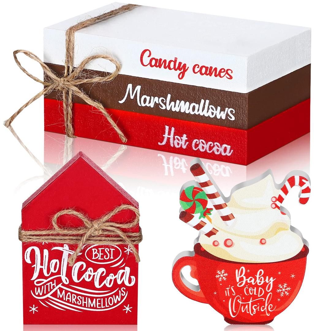 5 Pieces Christmas Farmhouse Tiered Tray Decor 3 Faux Books Bundle with Twine Christmas Tiered Tray Decor Hot Cocoa Decor Warm Tabletop Wooden Block Sign Candy Holiday Centerpieces