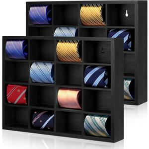 Wesiti Tie Box Organizer Wall Mounted Tie Rack with 16 Compartments Bamboo Belt Holder for Men Scarf Necktie Home Wall Closet(Black Color,2 Pieces)