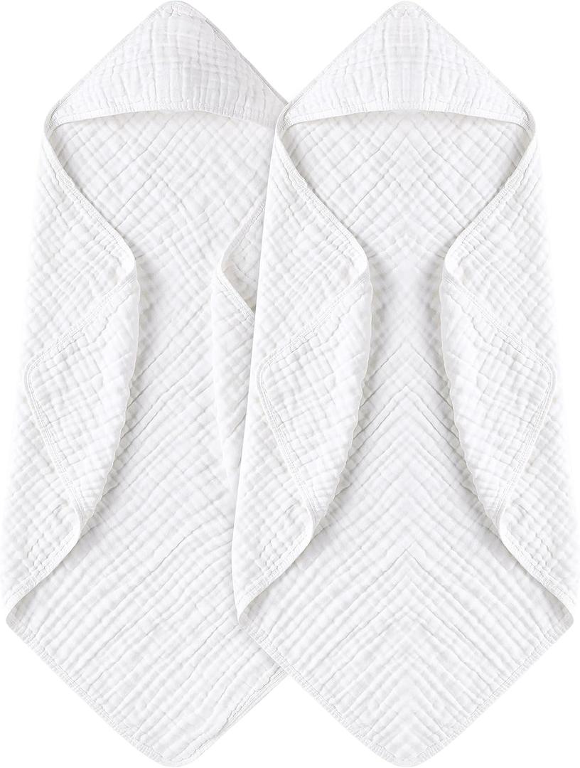 Yoofoss Hooded Baby Towels for Newborn 2 Pack 100% Muslin Organic Cotton Baby Bath Towel with Hood for Babies, Infant, Toddler and Kids, 32x32Inch, Soft and Absorbent Newborn Essential,White-2 Pack