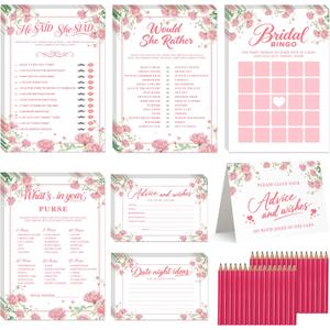 Bridal Shower Games-Heavy Cardstock,5 Fun Activities for 32 Guests, Includes Bingo,He Said She Said, Would She Rather,Whats in Your Purse,Advice and Wishes for The Mr and Mrs(Floral)
