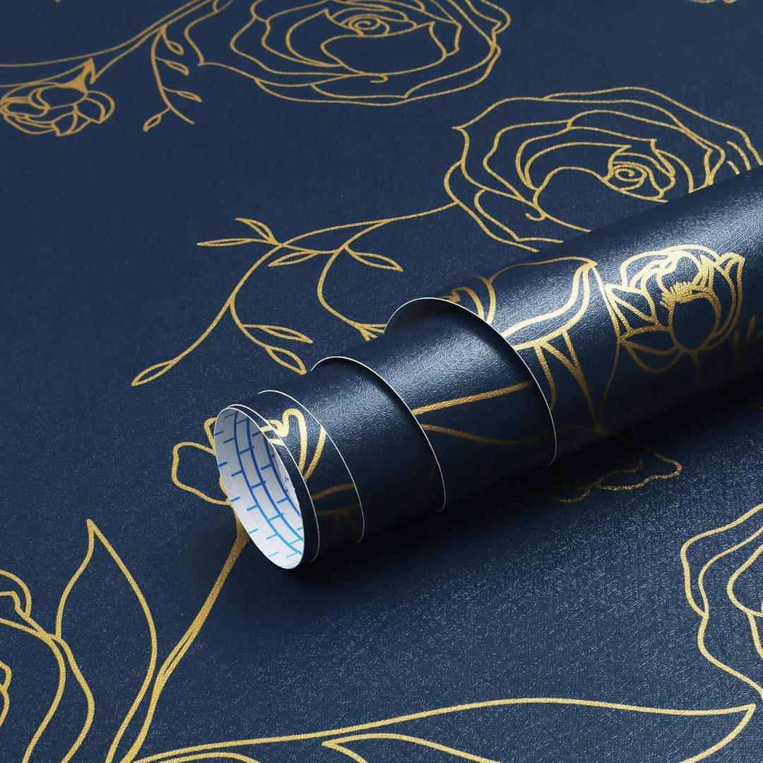 Safiyya 196"x17.3" Peel and Stick Wallpaper Gold and Blue Contact Paper Floral Wallpaper Self Adhesive Removable Wall Paper for Bedroom Covering Vinyl Rolls