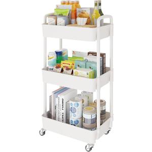 Laiensia 3-Tier Rolling Cart with Wheels,Multifunction Utility Storage carts, Kitchen Storage Organizer,Mobile Shelving Unit for Bathroom,Laundry,with Classified Stickers,White