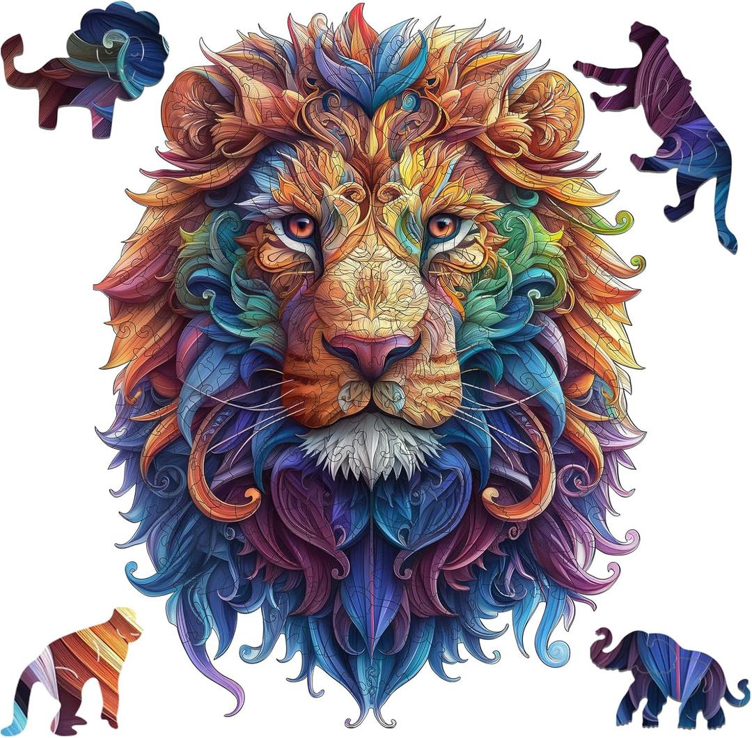 Delobil Wooden Puzzles for Adults, Lion Jigsaw Puzzles 200 Piece, Unique Shape Puzzles for Adults and Kids, Fun Challenging Puzzles Family Game Gift, Medium Size 9.1 x 12 Inches