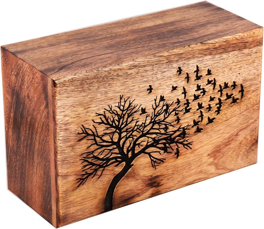 Wooden Cremation Urn for Human Ashes Adult  Handcrafted Solid Wood Memorial Urn Box | Engraved Flying Bird Design | Large Burial Urn with Antique Finish | 250 Cu in Capacity | Funeral Keepsake