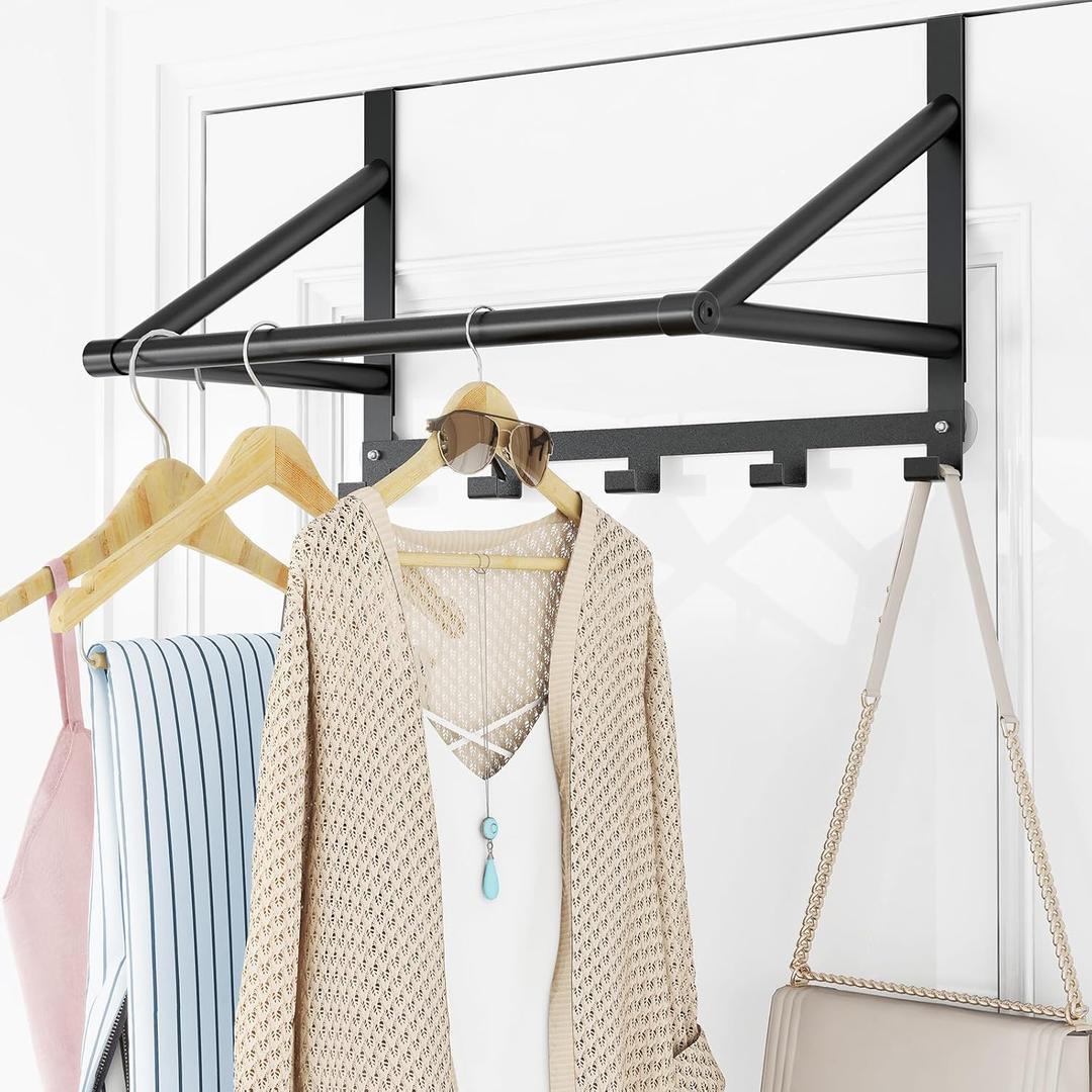 Over The Door Clothes Hanger, Metal Over The Door Hangers for Clothes with 5 Hooks, Clothing Hanger Drying Racks for Laundry, Bedroom, Washroom, Fits Door Up to 1.85", Matte Black