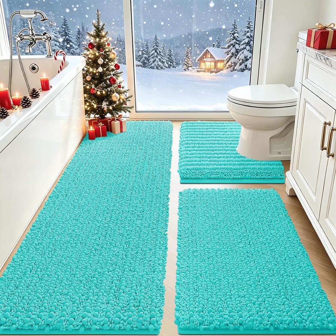 ACCUMTEK Upgrade Extra Large Teal Green Bathroom Rug Set 3 Pieces Ultra Soft, Thick Absorbent Bath Mats, Non Slip Chenille Toilet Mat for Bathroom, Bedroom, Kitchen, Turquoise