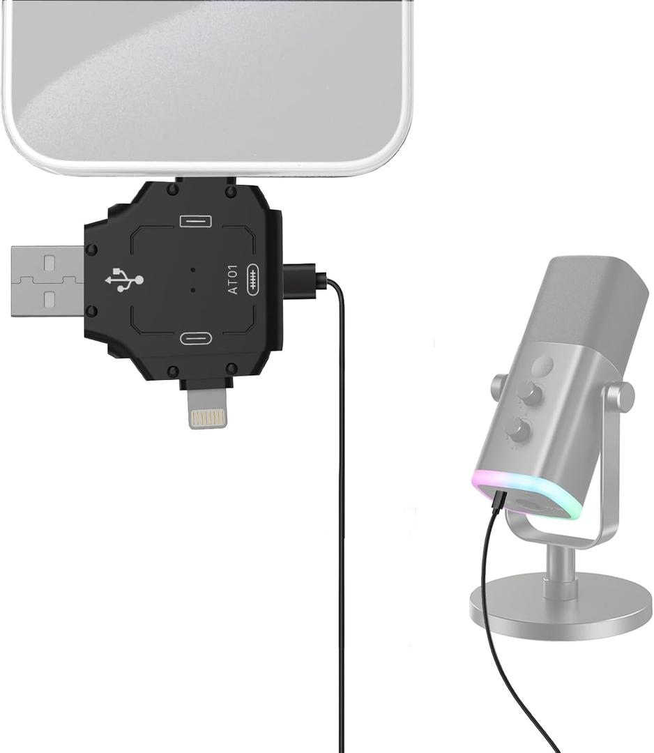 ZealSound USB Microphone Adapter  3-in-1 Audio-Only Plug & Play Mic Adapter with USB-C, Lightning & USB for iPhone/Android/PC, Stable Signal for Streaming, Recording & Podcasting