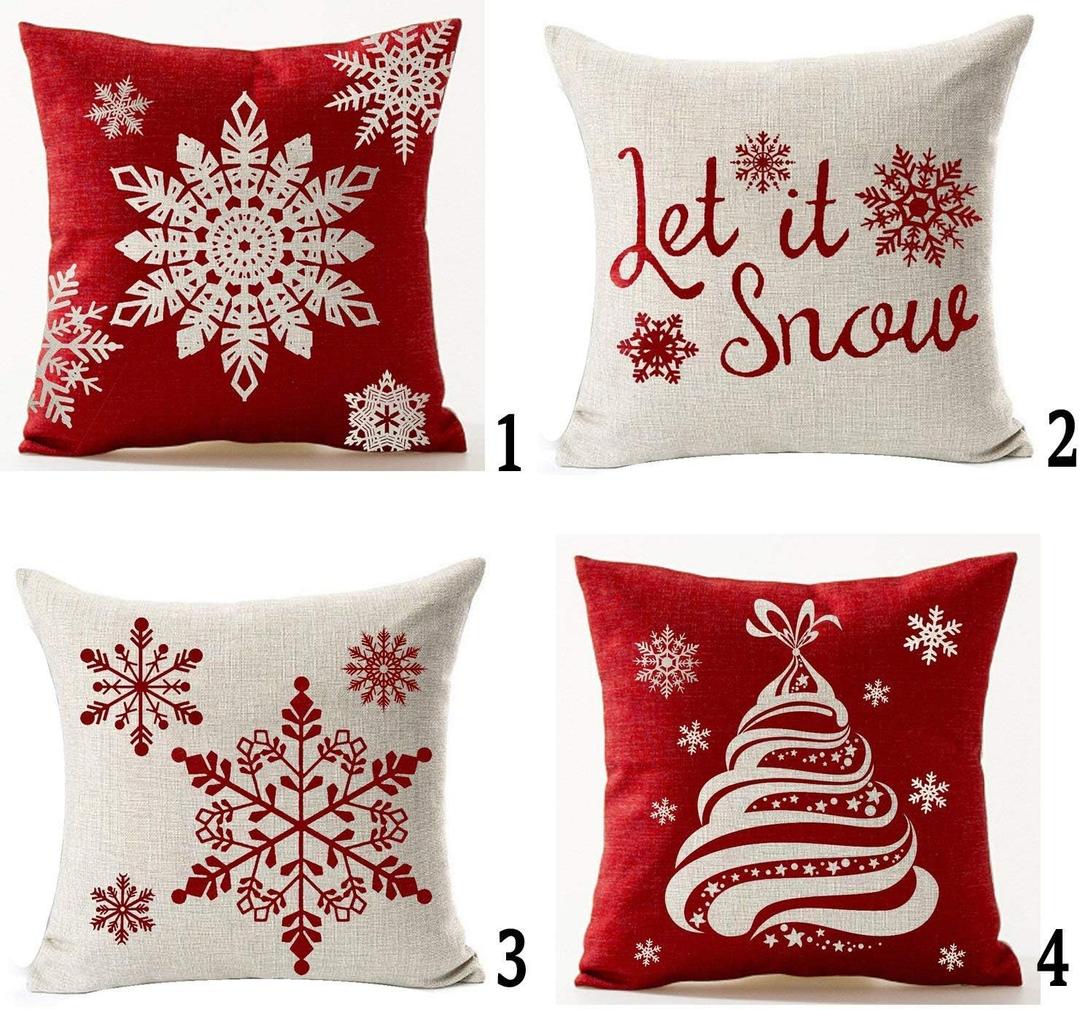 Andreannie Set of 4 Throw Pillow Cover Christmas Beige Shadow Let It Snow Snowflakes Red Cotton Linen Throw Pillow Case Cushion Cover for Sofa Bed Couch Home Decor Square 18 X 18 Inches(Blood Red)