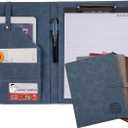 Padfolio Portfolio Leather Binder, Interview Legal Document Organizer, Padfolio Clipboard Folder, Business Card Holder Included 2pcs Letter Sized Writing Pad (Blue)