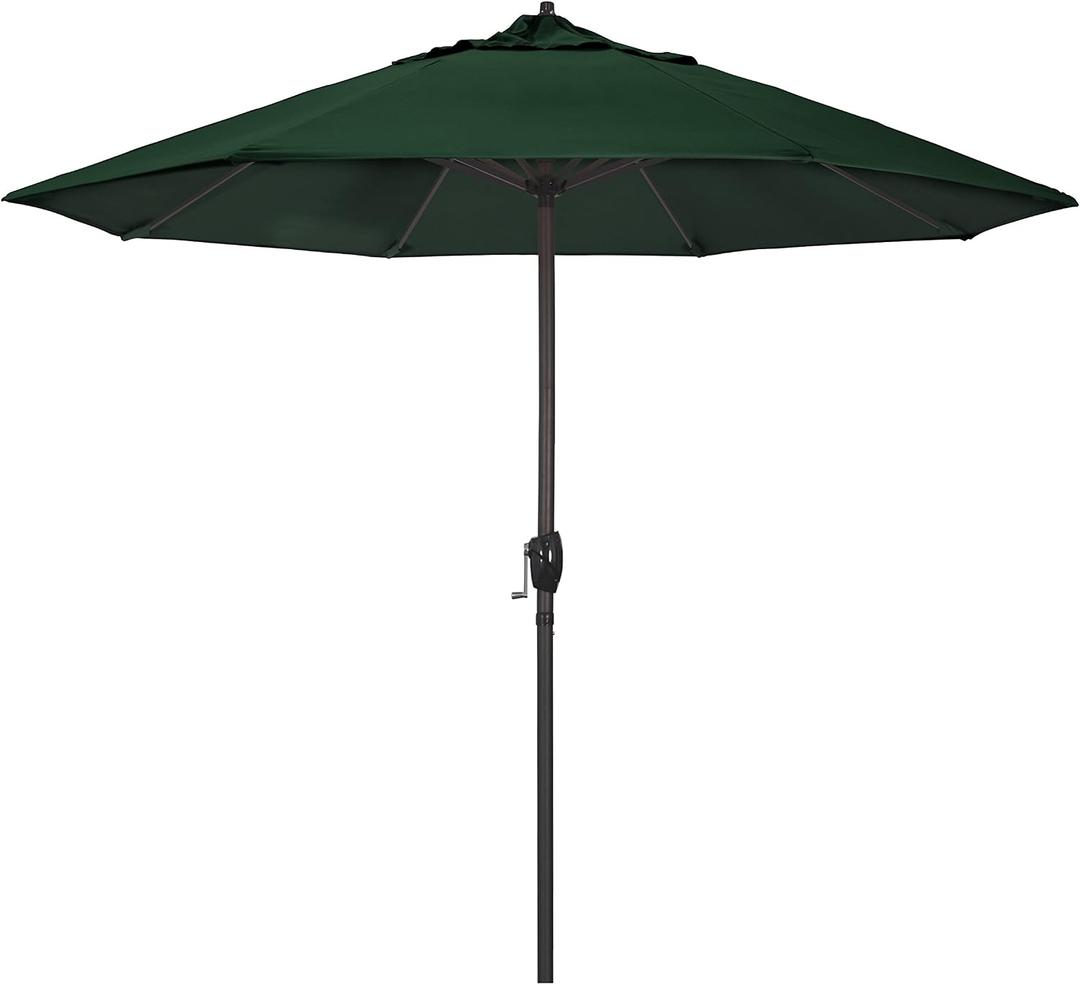 California Umbrella 9' Round Aluminum Outdoor Deck, Pool or Patio Umbrella, Crank Lift, Auto Tilt, Bronze Pole, Hunter Green Olefin