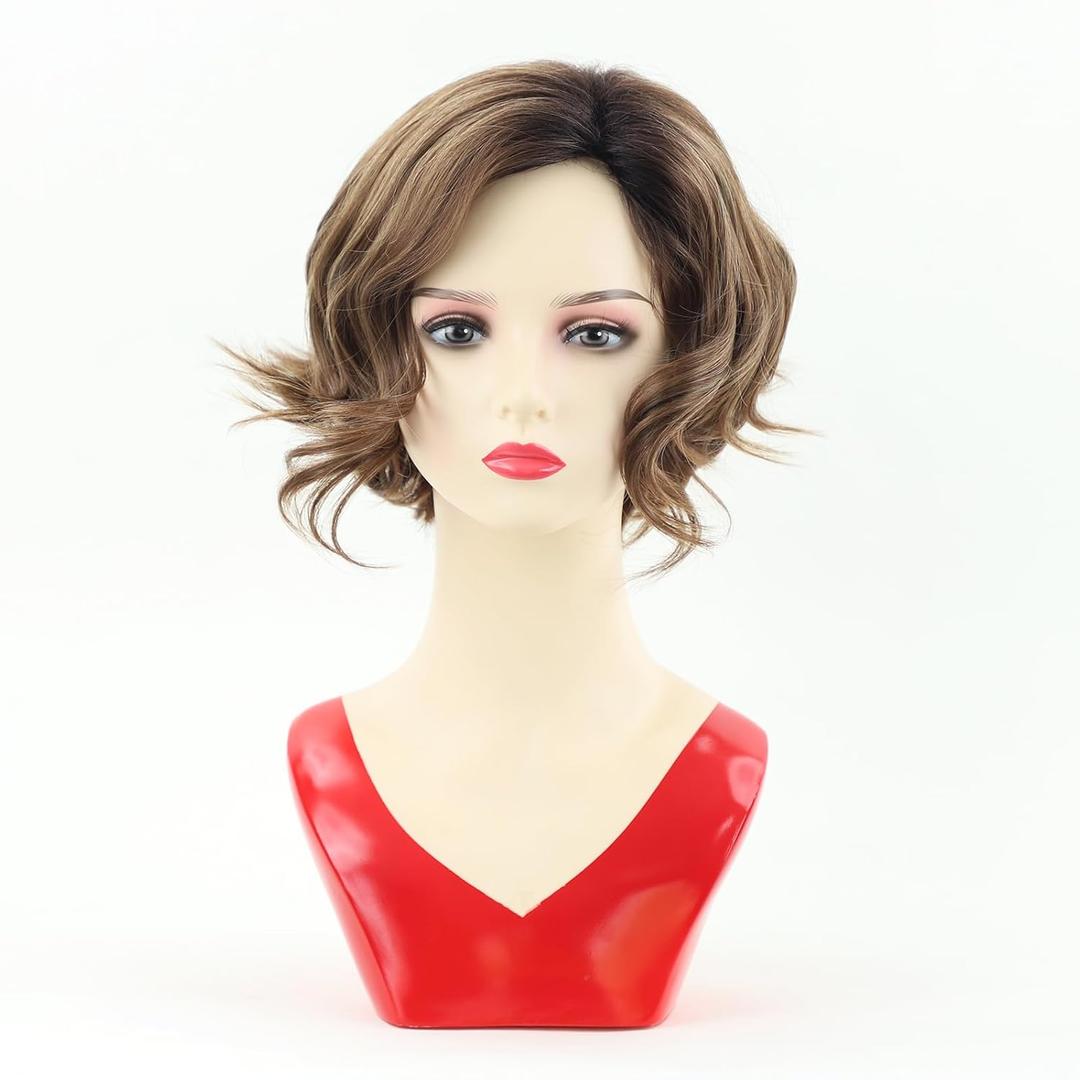 TISHINING Layered Short Ombre Brown Wavy Bob Wigs for Women Chin Length Mixed Brown Synthetic Hair Wig with Dark Roots Natural Looking Daily Party Wigs for White Women